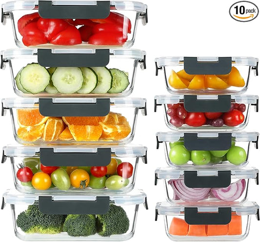 BAYZZ 10 Pack Glass Meal Prep Containers, Glass Food Storage Containers with Lids, Airtight Lunch Box, Freezer,Oven,Microwave and Dishwasher Safe