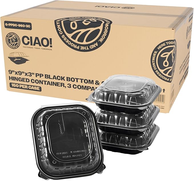 CIAO! 9"x9"x3" Polypropylene Black bottom with Clear Lid Hinged Container 3 Compartment Take Out Container, Microwavable, Recyclable and Reusable, (Case of 150)