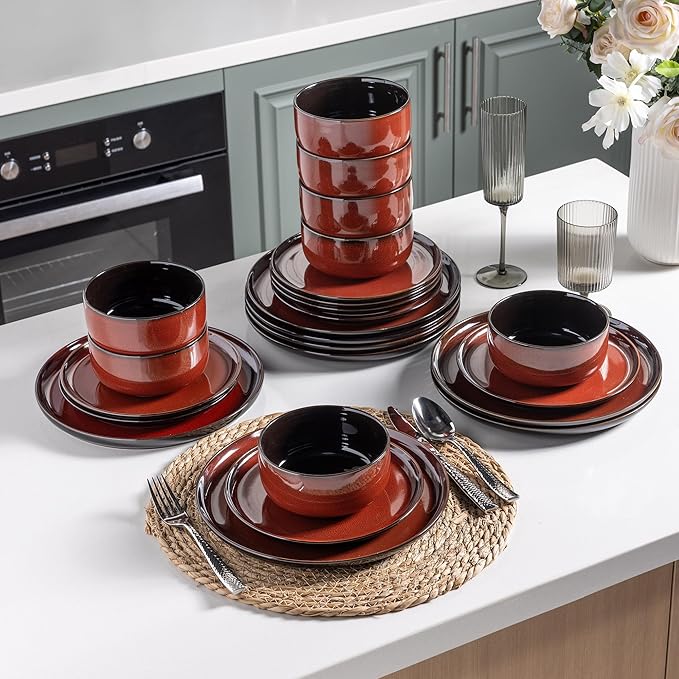 LERATIO Ceramic Dinnerware Sets for 8,Plates and Bowls Sets,Handmade Reactive Glaze Dishes Set,Highly Chip and Crack Resistant | Dishwasher & Microwave & Oven Safe Dishes set,Service for 8-Red(24pc)