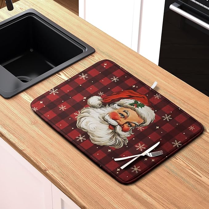 Santa Claus Christmas Dish Drying Mat Xmas Red and Black Buffalo Plaid Snowflake Drying Mats Winter Holiday Dishes Drying Pad Microfiber Absorbent Dish Drainer Rack Mat 18x24 Inch