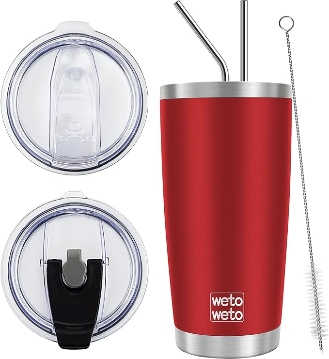 WETOWETO 20oz Tumbler with 2 lids and 2 straws, Stainless Steel Vacuum Insulated Water Coffee Tumbler Cup, Double Wall Powder Coated Leak-proof Travel Mug (Red, 1 Pack)