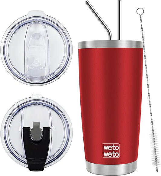 WETOWETO 20oz Tumbler with 2 lids and 2 straws, Stainless Steel Vacuum Insulated Water Coffee Tumbler Cup, Double Wall Powder Coated Leak-proof Travel Mug (Red, 1 Pack)