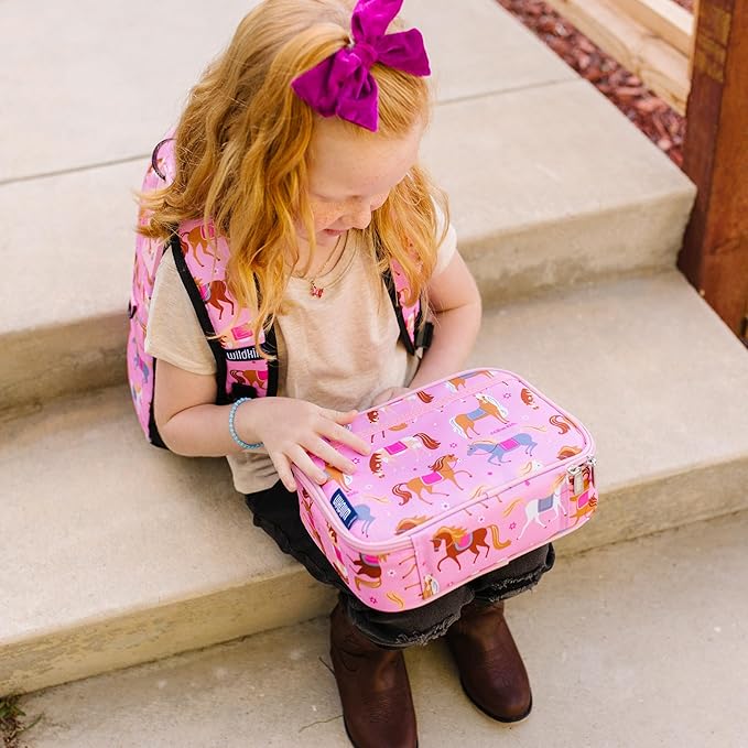 Wildkin Kids Insulated Lunch Box – Durable and Reusable for School & Travel - Horses in Pink