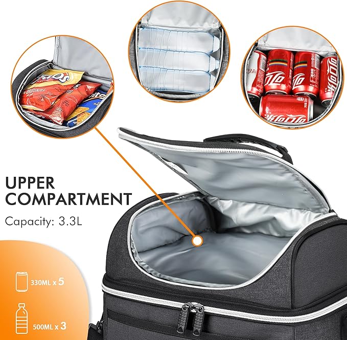 Tirrinia Reusable Lunch Box for Men Women, Insulated Lunch Bag Adult Work, Double Decker Leakproof Lunchbox for Office Picnic Beach—Dual Compartment Lunch Cooler Bag,Black