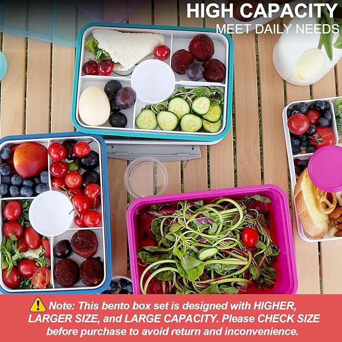 shopwithgreen LARGER Salad Containers To Go for Lunch (3 Pack), Bento Box with Dressing Pots & 5-Compartment Removable Tray, Microwave and Dishwasher Safe, BPA-free, 64 oz