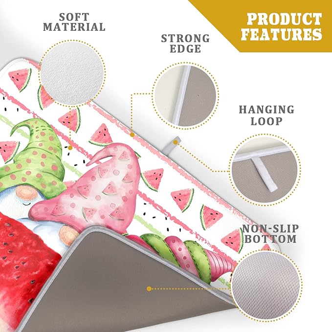 Summer Gnomes Dish Drying Mat 18x24 Inch ,Watermelon Fruit Buffalo Plaid Kitchen Dry Mats with Loop Absorbent Foldable Dishes Pad for Sink Counter Drainer Countertops Refrigerator Protector
