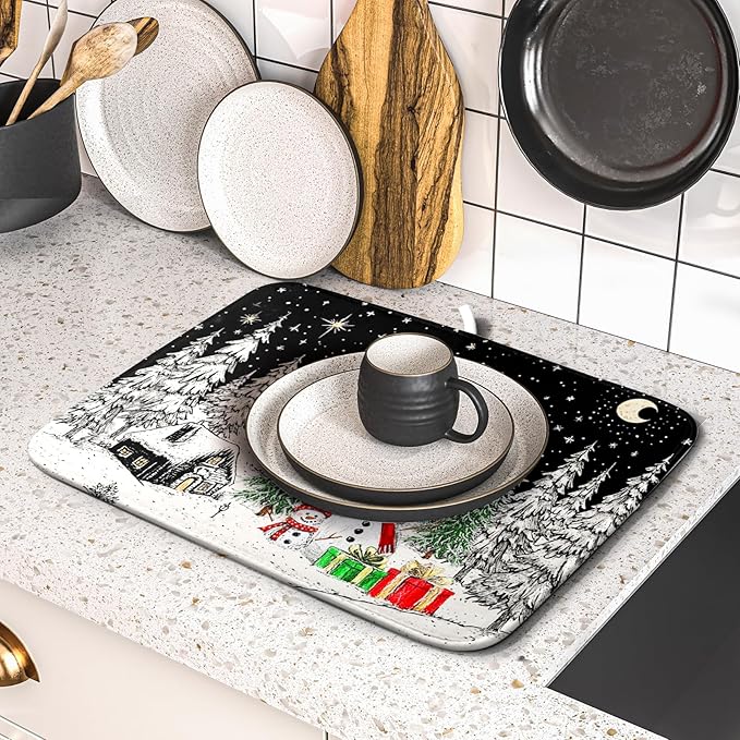 Winter Snowman Dish Drying Mat 18 X 16 in Black Microfiber Dish Pad Absorbent Holiday Kitchen Accessories