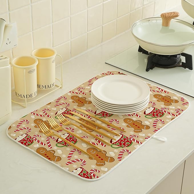 Christmas Drying Mat 18x24 Inches For Kitchen Counter Winter Brown Gingersnap Man Kitchen Decoration Drying Mat Decorative Pad for Kitchen Dining Room Christmas Decoration,Office Decor