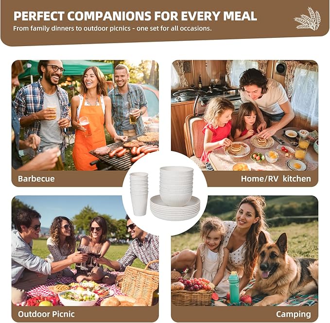 18 pcs Wheat Straw Dinnerware Sets for 6 - Lightweight & Unbreakable Cups Plates and Bowls Sets Microwave Dinnerware Set for Kitchen, Travel & Camping Beige