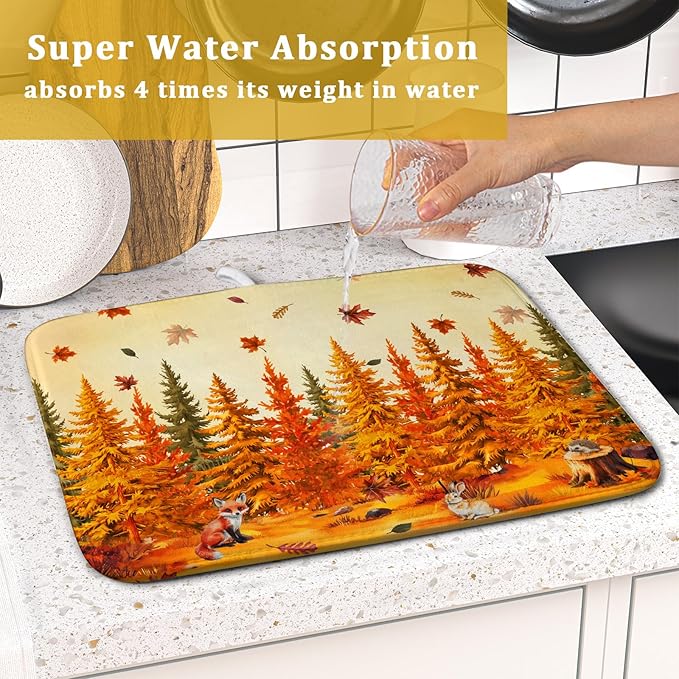 Autumn Drying Matt Kitchen Counter Small Absorbent Coffee Mat Fall Forest Microfiber Drying Mat for Holiday Decor