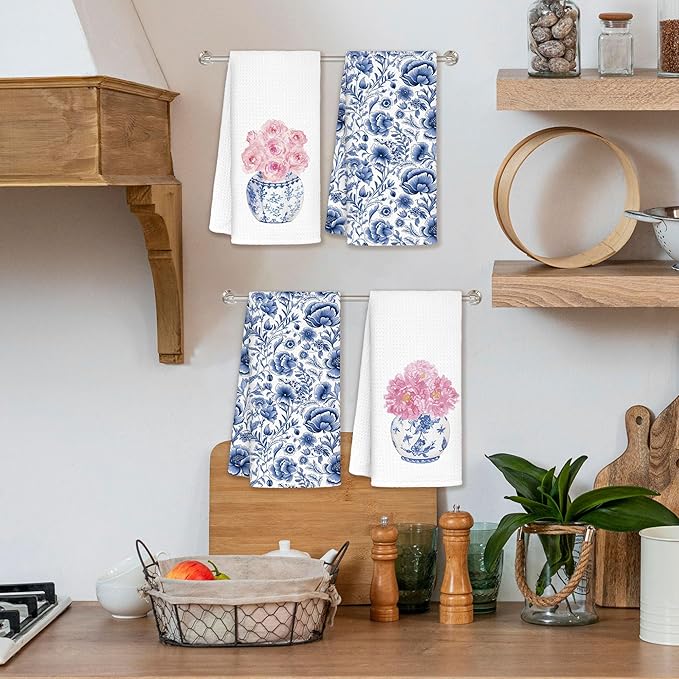 Blue and White Chinoiserie Pink Rose Flowers Floral Kitchen Towels Set of 2 - Rose Decorative Hand Towels for Kitchen Bathroom, Blue and White Chinoiserie Floral Gifts, 16x24
