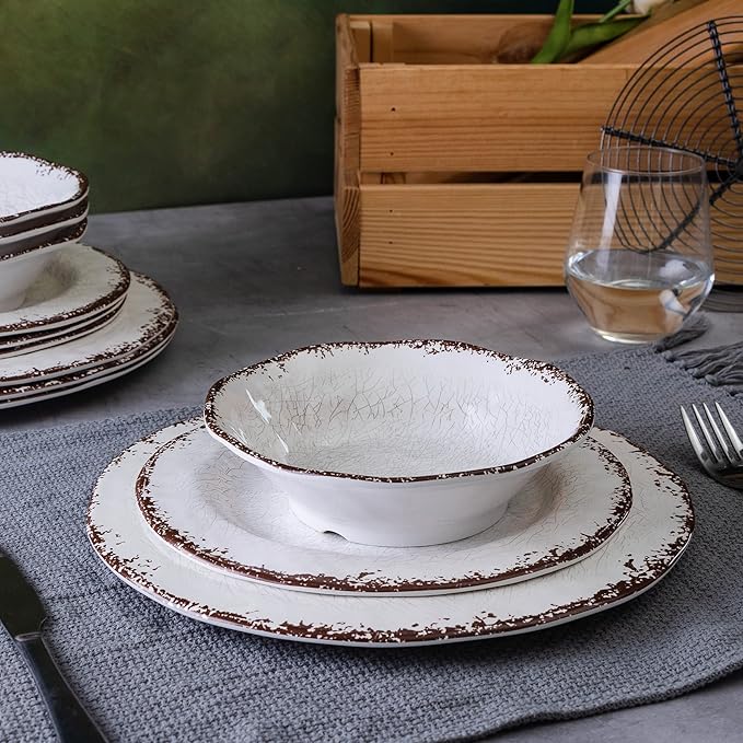 LEHAHA Vintage White Melamine Dinnerware set-12 Piece Lightweight Unbreakable Outdoor Camper Plates/Dishes and Bowls Set, Service for 4, Dishwasher Safe…