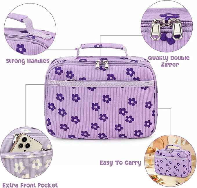Bluboon Kids Girls Lunch Bag Insulated Lunch Box for school Corduroy Lunch Cooler Organizer School Kids Lunch Tote