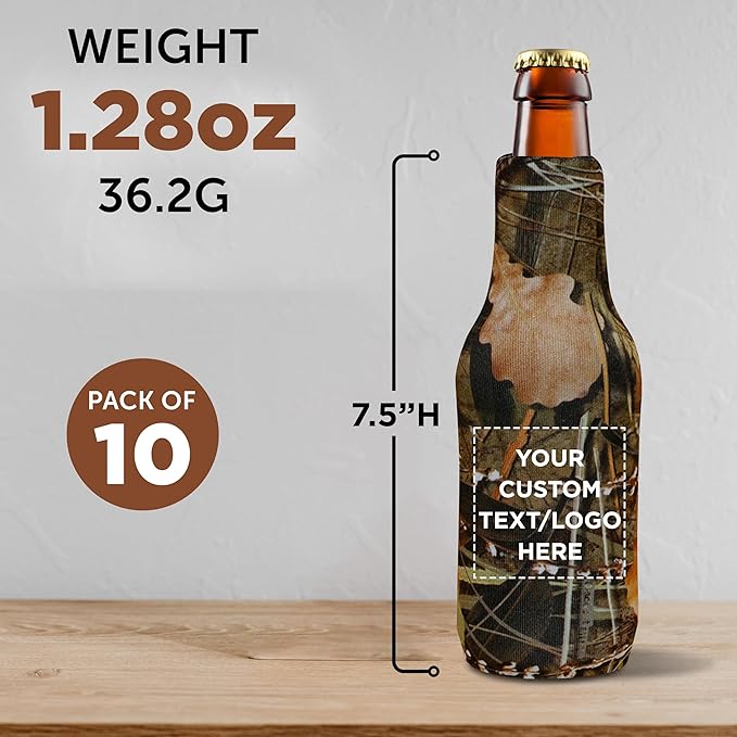 10 Neoprene Zippered Beer Bottle Coolies Pack - Customizable Text, Logo - Sharkskin Rubber Bottom - Camo4