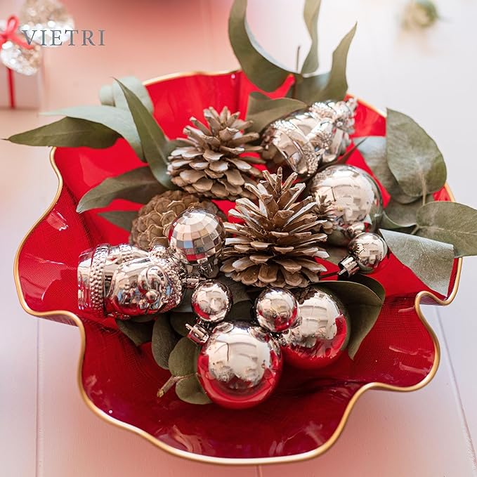 Vietri Holiday Glass Medium Ruffled Bowl, 12"D Red/Gold Decorative Christmas Serving/Mixing Dish