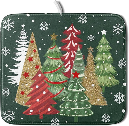 Christmas Green Dish Drying Mats 16x18 Inch, Farmhouse Gold Red Xmas Pine Trees Winter Holiday Absorbent Fast Dry Microfiber Dishes Drainer Rack Pad Farmhouse Rustic Holiday Kitchen Decor