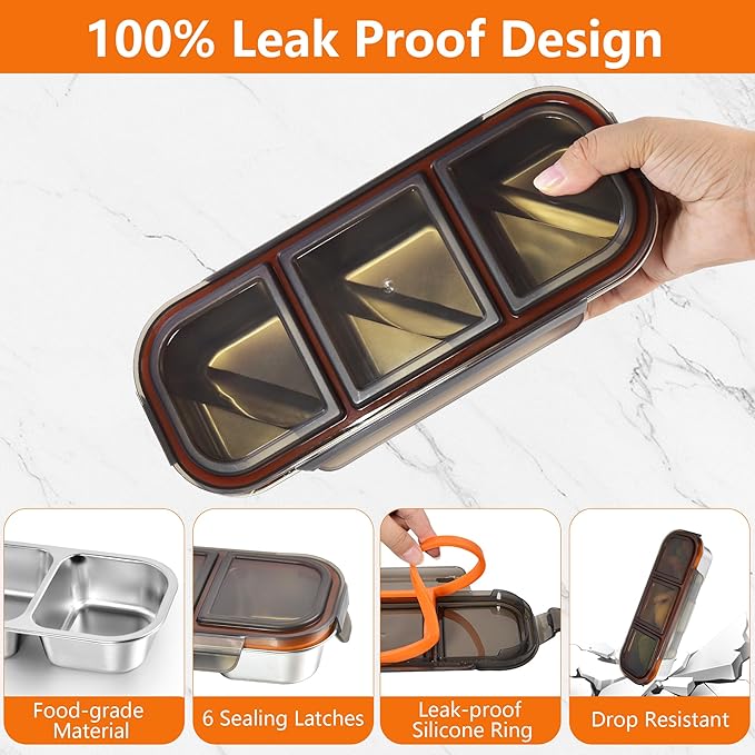 3 compartment snack containers, Stainless Steel Snackle Box Container, Leakproof 3 Grid Bento Box for Travel Home Picnic Work