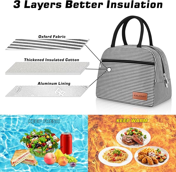 BALORAY Lunch Bag for Women Men Cute Reusable Insulated Lunch Box Large Capacity Lunch Tote Bag for Work, Picnic or Travel (Zipper Stripes)