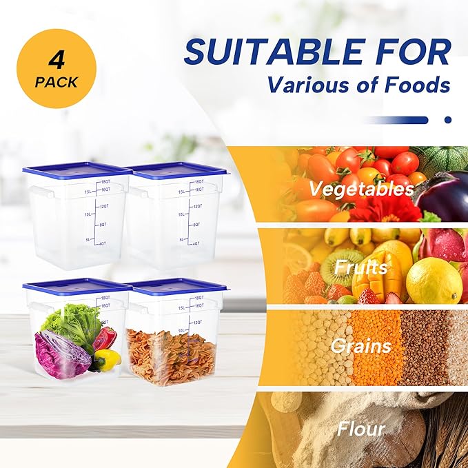 4 Pack Food Storage Containers, 18 Quart with Lids, Square Commercial Containers with Scale, Clear NSF Food Organizing, Polycarbonate