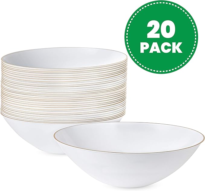 PLASTICPRO [16 OZ 20 Count] White Plastic Floral Design Party Soup bowls With Gold Rim Premium heavyweight Elegant Disposable Tableware Dishes