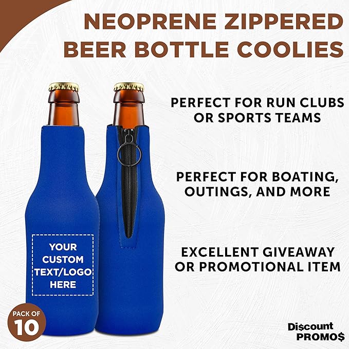 10 Neoprene Zippered Beer Bottle Coolies Pack - Customizable Text, Logo - Sharkskin Rubber Bottom - Royal Blue