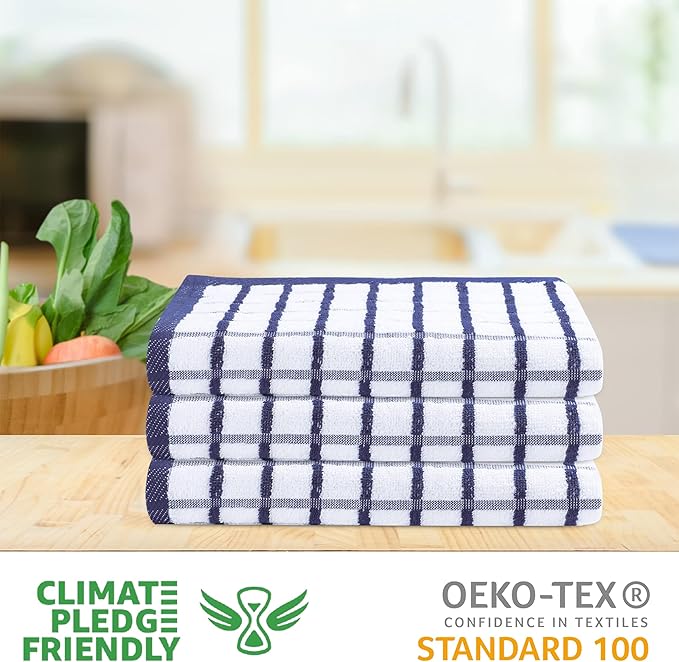 Urban Villa Kitchen Towels Blue/White Set of 3 Terry Kitchen Towels 100% Cotton Ultra Soft Size 20X30 Inches Highly Absorbent Over Sized KitchenTowels with Hanging Loop KitchenTowels