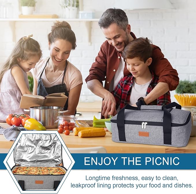 Casserole Carrier for Hot or Cold Food, Expandable Insulated Bag, Perfect Lasagna Holder Tote for Potlucks, Picnics, Beaches, Traveling, Fits 15.7" * 11" Baking Dish, Lunch Bag Gray (1PC)