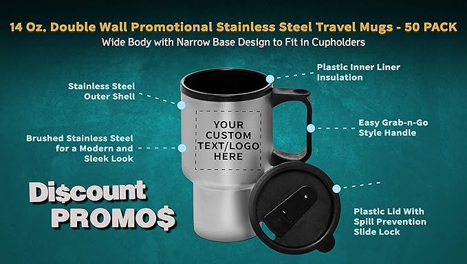 Personalized 14oz Travel Mugs Stainless Steel - 50 Pack - Custom Text, Logo - Stainless Steel