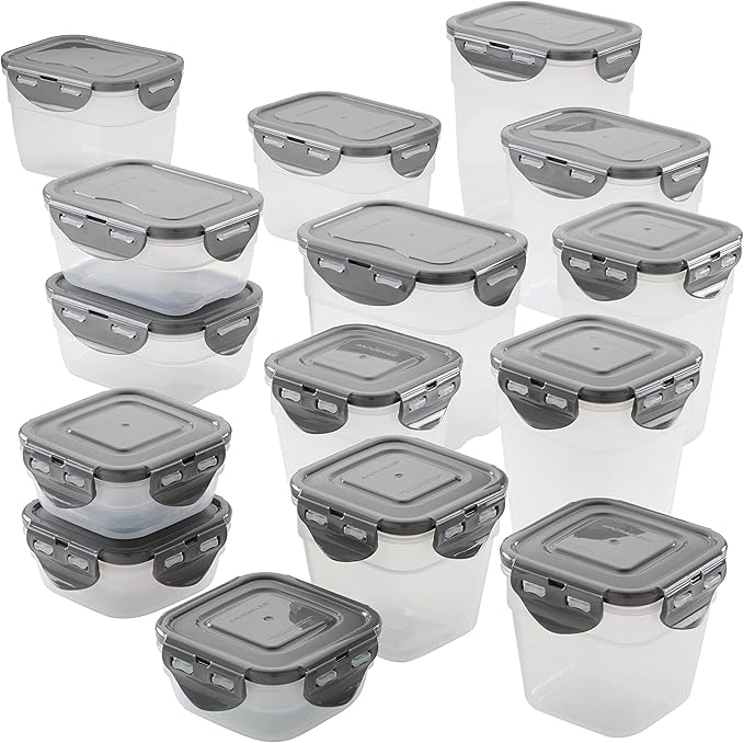 Rachael Ray Leak-Proof Stacking Container Food Storage Bin Set, 30-Piece, Clear with Gray Lids