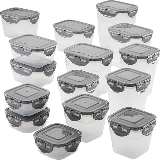 Rachael Ray Leak-Proof Stacking Container Food Storage Bin Set, 30-Piece, Clear with Gray Lids