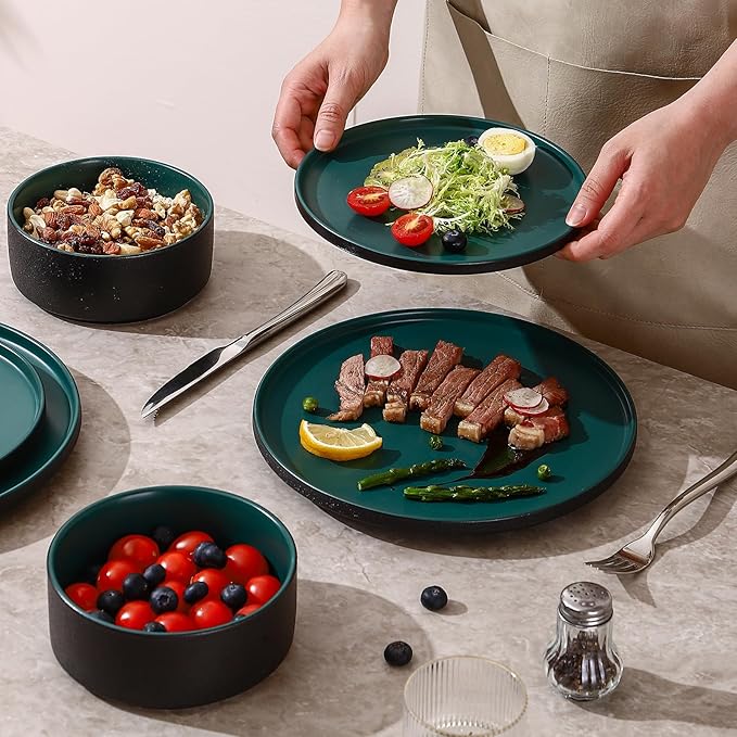 GZG Classic Series - Plates and Bowls Set for 8, 24 Piece Stoneware Dinnerware Sets, Microwave and Dishwasher Safe Lead-Free Handcrafted Ceramic Dishes Set - Malachite Green