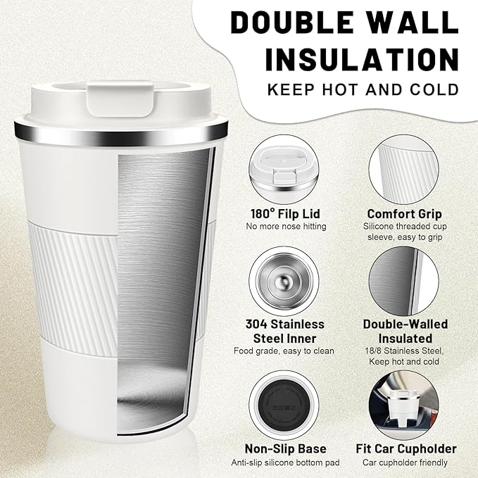 Insulated Coffee Tumblers with Flip Lid 12oz / 17oz, Stainless Steel Travel Coffee Mug Leak Proof, Vacuum Insulated Coffee Mug Reusable Cup, Keeps Cold and Hot for Coffee Tea