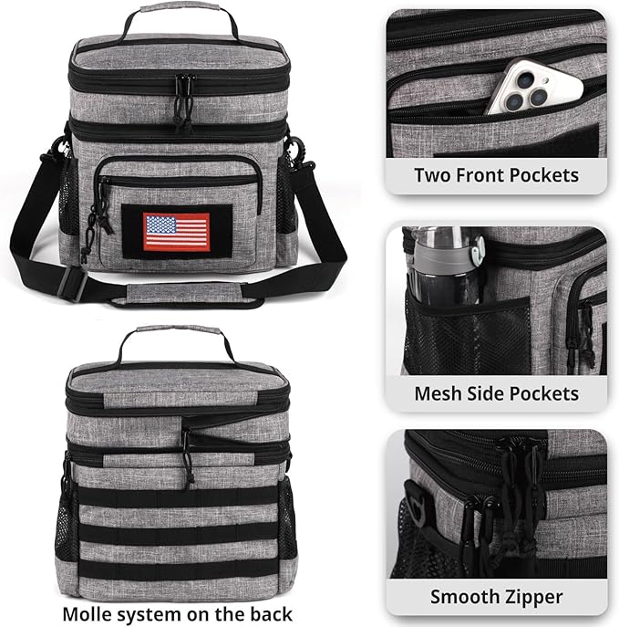 ATRIPACK Lunch Bag for Men, Double Deck Tactical Lunch Box Work with Shoulder Strap MOLLE Webbing Large Lunch Cooler Leakproof Insulated （Grey）