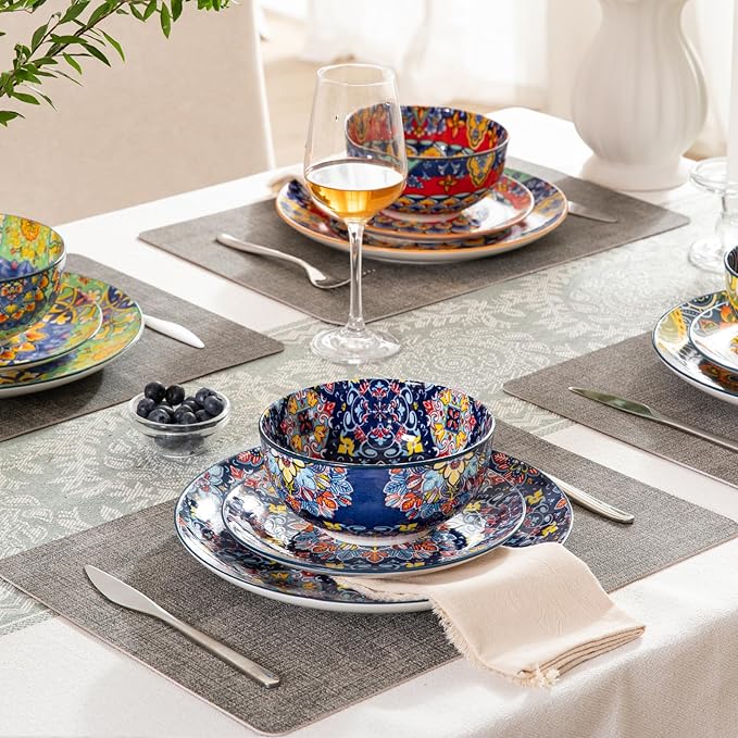 Sweejar Ceramic Dinnerware Sets for 4,12 Pieces Boho Plates and Bowls for Kitchen,Housewaring Gift,Bohemian Style Dish Set,Dishwasher and Microwave Safe(Colorful)