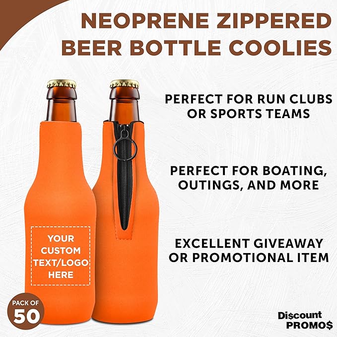 50 Neoprene Zippered Beer Bottle Coolies Pack - Customizable Text, Logo - Sharkskin Rubber Bottom - Neon Orange