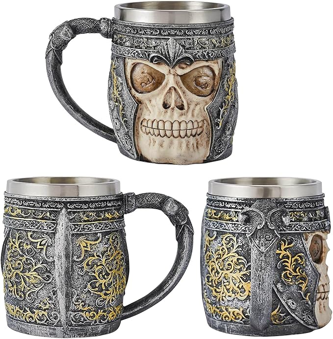 Skull Coffee Mug Stainless Steel Viking Gifts for Men Beer Mugs Novelty Christmas Gifts for Father, Husband Cool Coffee Mugs, 12.25 oz