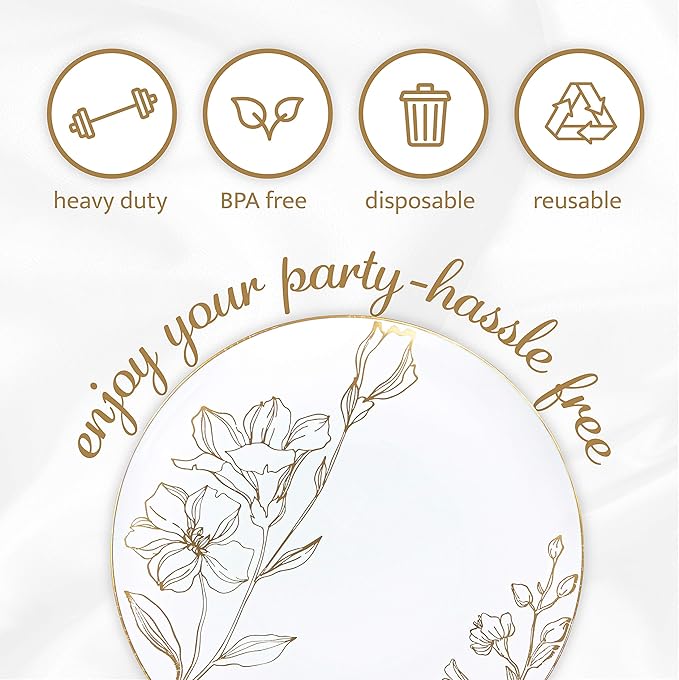 [9'' Plates 40 Count] White Plastic Floral Design Party Dinner Plates With Gold Rim Premium heavyweight Elegant Disposable Tableware Dishes