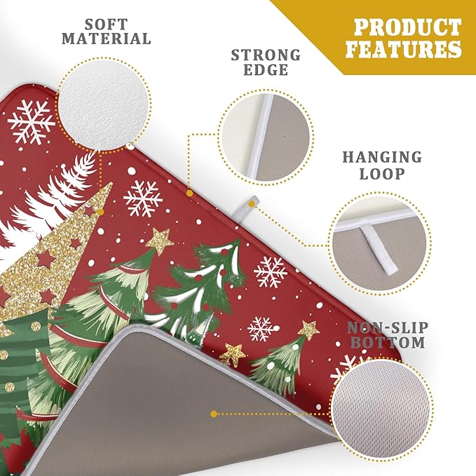 Christmas Dish Drying Mats 18x24, Farmhouse Gold Green Red Xmas Pine Trees Winter Holiday Washable Microfiber Absorbent Dishes Drainer Rack Pad for Coffee Machine Bar Sink Counter