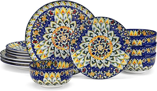 vancasso 12 Pieces Dinnerware Sets, Blue Plates and Bowls Set, Porcelain Dishes Set for 4, Microwave and Dishwasher Safe, Scratch Resistant, Bohemian Style Dining Ware Service for 4, Series SIMI
