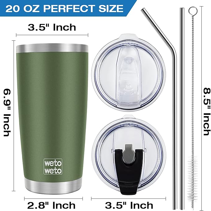 WETOWETO 20oz Insulated Stainless Steel Tumbler, Coffee Tumbler with 2 Lids and 2 Straws, Double Wall Vacuum Travel Coffee Mug, Powder Coated Leak-Proof Cup for Travel (Army Green, 1 Pack)