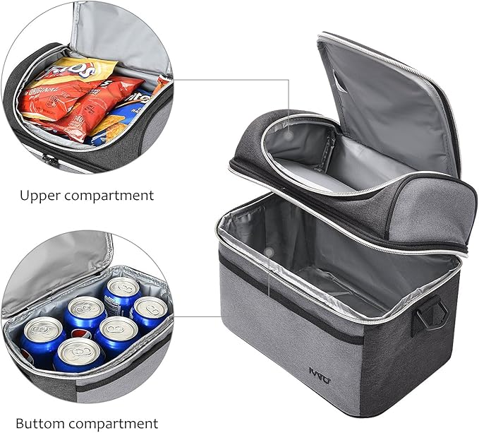 Tirrinia Reusable Lunch Box for Men Women, Insulated Lunch Bag Adult Work, Double Decker Leakproof Lunchbox for Office Picnic Beach—Dual Compartment Lunch Cooler Bag,Gray