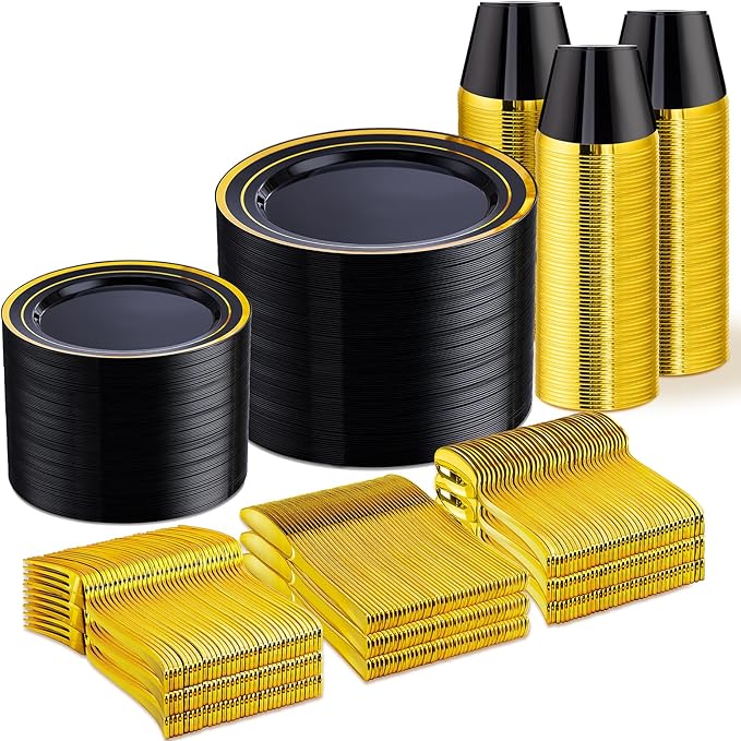 WELLIFE 600 PCS Black and Gold Disposable Dinnerware Set for 100 Guests, Gold rimmed Plastic Dinner Plates,Salad Plates,Cups,Silverware Set for Party Supplies and Halloween Party
