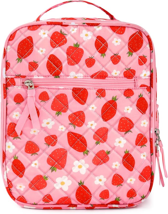 Aileam Lunch Box for Women Cute Strawberry Lunch Bag Quilted Reusable Insulated Lunch Box Aesthetic Lunch Tote Bags Floral Cotton Lunch Case for Travel Work Picnic (Pink Strawberry Flower)
