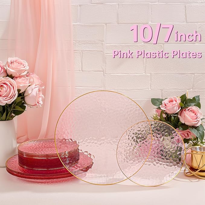 SUT 100Pcs Pink Plastic Plates, Hammered Plates Disposable Heavy Duty, Pink Disposable Plates With Gold Rim, Fancy Plastic plates Include 50 Dinner and 50 Dessert plates for Wedding