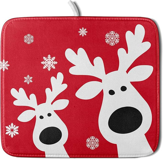 Xmas Dish Drying Mat for Kitchen Counter Cute Reindeer Holiday Snowflake Microfiber Absorbent Dish Draining Reusable Washable Foldable 16"x18"
