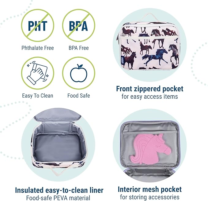 Wildkin Kids Insulated Lunch Box – Durable and Reusable for School & Travel - Horse Dreams