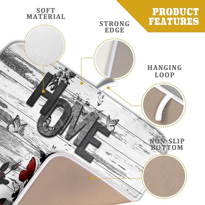 Red Rose Dish Drying Mat 16x18 inch Romantic Floral Absorbent Microfiber Sink Counter Dishware Drainer Pad for Kitchen Coffee Bar Decor