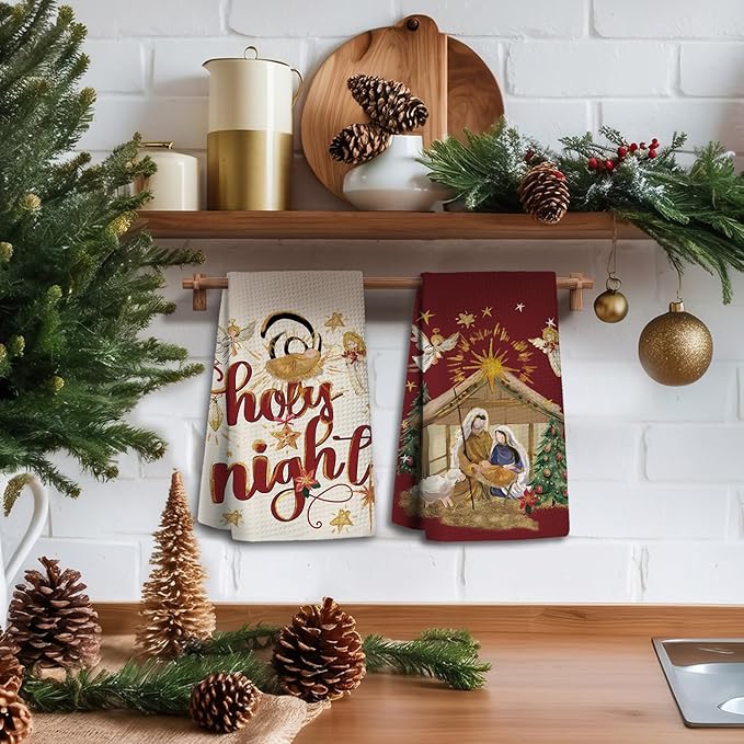 Christmas Kitchen Towels,Christmas Jesus Decor,Nativity Scene Winter Dish Towels Set of 2,Holy Night Tea Towels,Christmas Saying Winter Holiday Hand Towels,Gifts for Women,Nativity Gifts 16×24