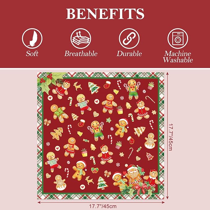 Christmas Gingerbread Napkins, 18×18 Inch Dinner Cloth Napkins Set of 6, Washable Cotton Soft Absorbent Square Table Top Decoration for Dining Kitchen Party Wedding