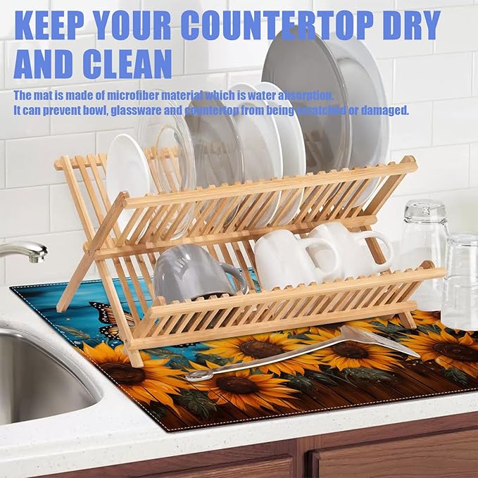 Sunflower Butterfly On Wooden Board Dish Drying Mat for Kitchen Counter Drying Pad Absorbent Reversible Dish Drainer Rack Mats Draining Pad 18"x24"Inch